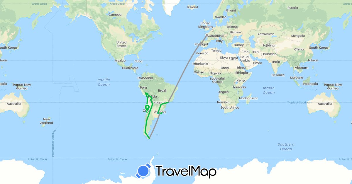 TravelMap itinerary: driving, bus, plane, boat in Argentina, Bolivia, Brazil, Chile, France, Peru, Portugal, Uruguay (Europe, South America)